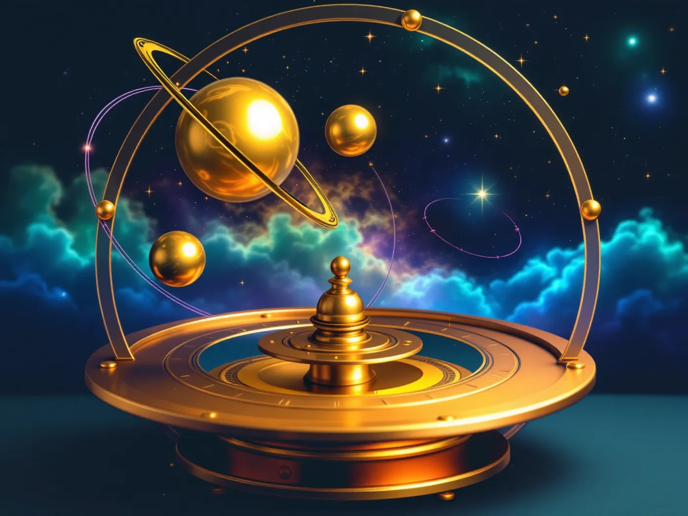 A brass Victorian orrery with four engraved planet-nodes on copper orbit-rings around a central hub, set against a teal-and-purple cosmic nebula, with a dashed faint outer orbit representing an uncharted path